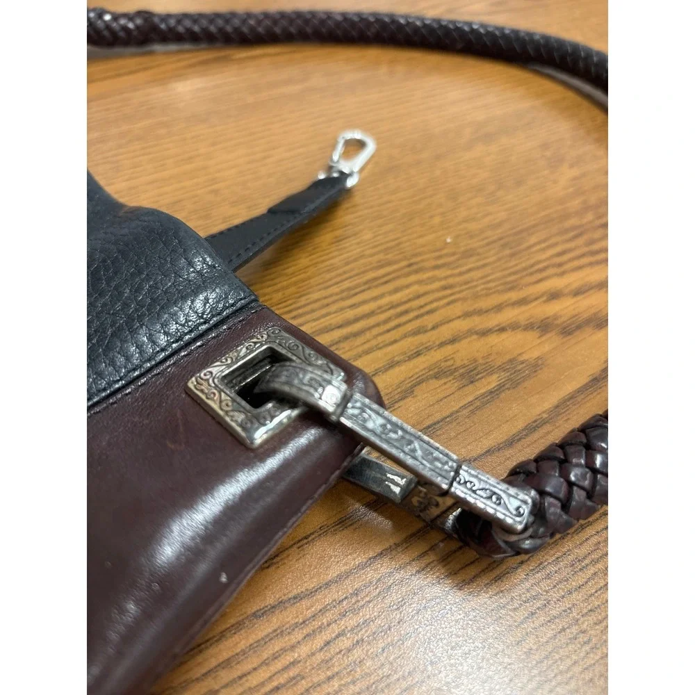 Brighton Leather Shoulder Bag Black Brown Braided Strap Silver Heart Fob Hobo